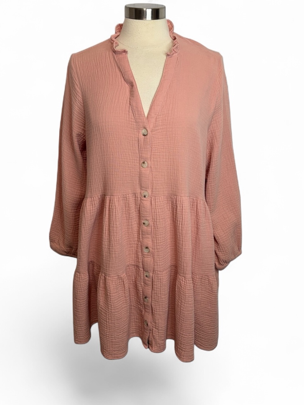 NWOT ENTRO Oversized Cotton Gauze Tiered Button-Up Shirt Dress, Medium